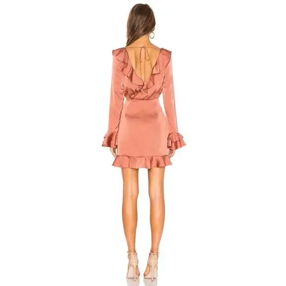 MAJORELLE Nelly Mini Dress Surplice Shirred Ruffle Detail Terracotta Brown Small